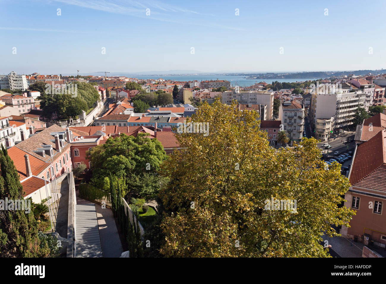 Beautiful birds eye view of the old city of Lisbon towards the Tagus River, Portugal Stock Photo