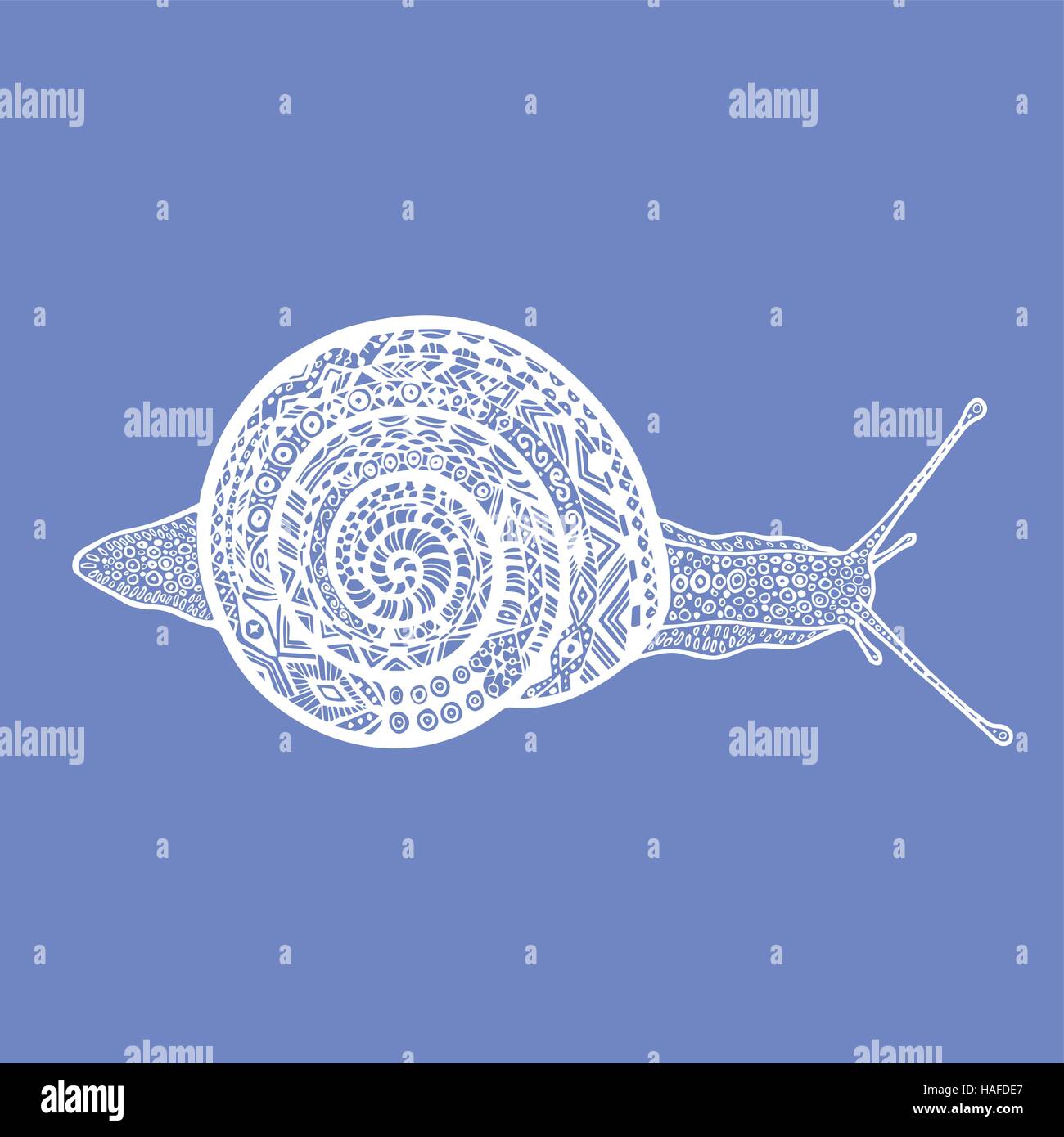 Hand drawn white doodle snail on blue background. Vector snail in zentangle style Stock Vector