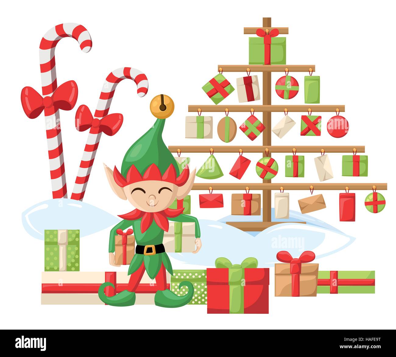 Elf Santa Claus Santa s elves preparing for christmas. Merry christmas Candy Stock Vector