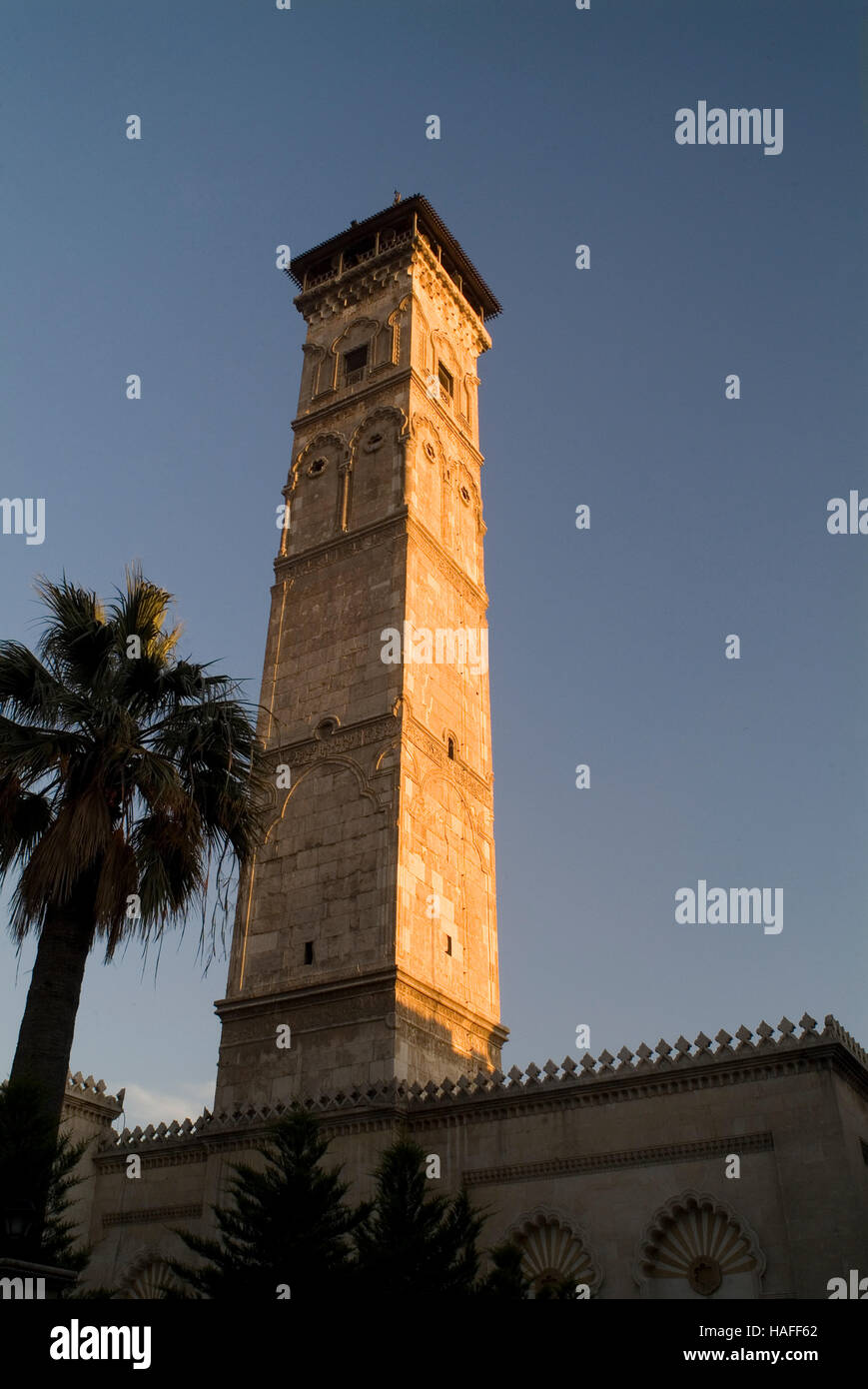 The freestanding minaret, dating back to 1090 AD, of the Great Mosque of Aleppo before it was destroyed during the civil war. Stock Photo