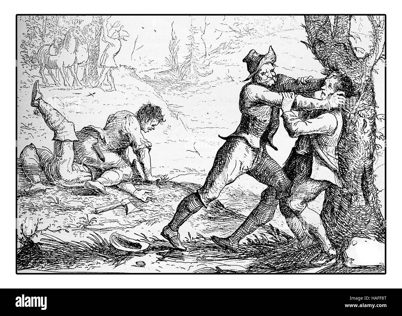 1643 engraving, bandits make ambush for robbery Stock Photo