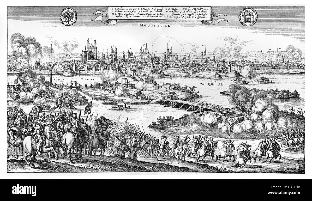 Year 1631 sack of Magdeburg after the siege by Catholic forces of Holy Roman Empire during the Thirty Years War. Stock Photo
