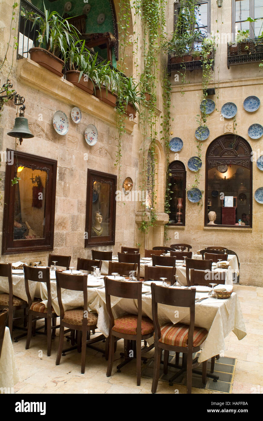 The courtyard of Sissi House,  a storied hotel burned down during the Syrian civil war in Aleppo in 2012 Stock Photo