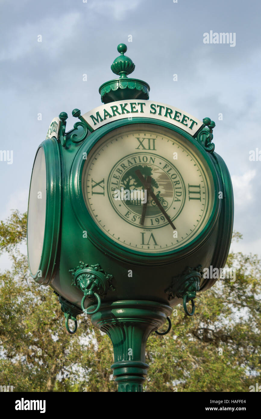 Town clock in Market Street Celebration Florida Stock Photo