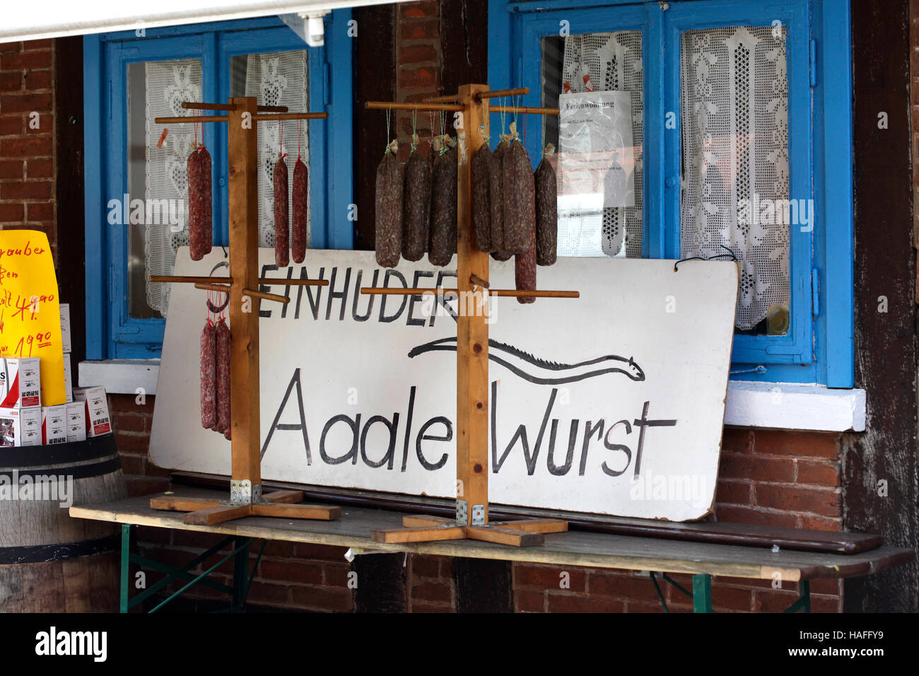 Steinhude, Steinhuder Meer, Steinhude Sea, Lower Saxony, Germany. Eel sausages, typical from this region. Stock Photo