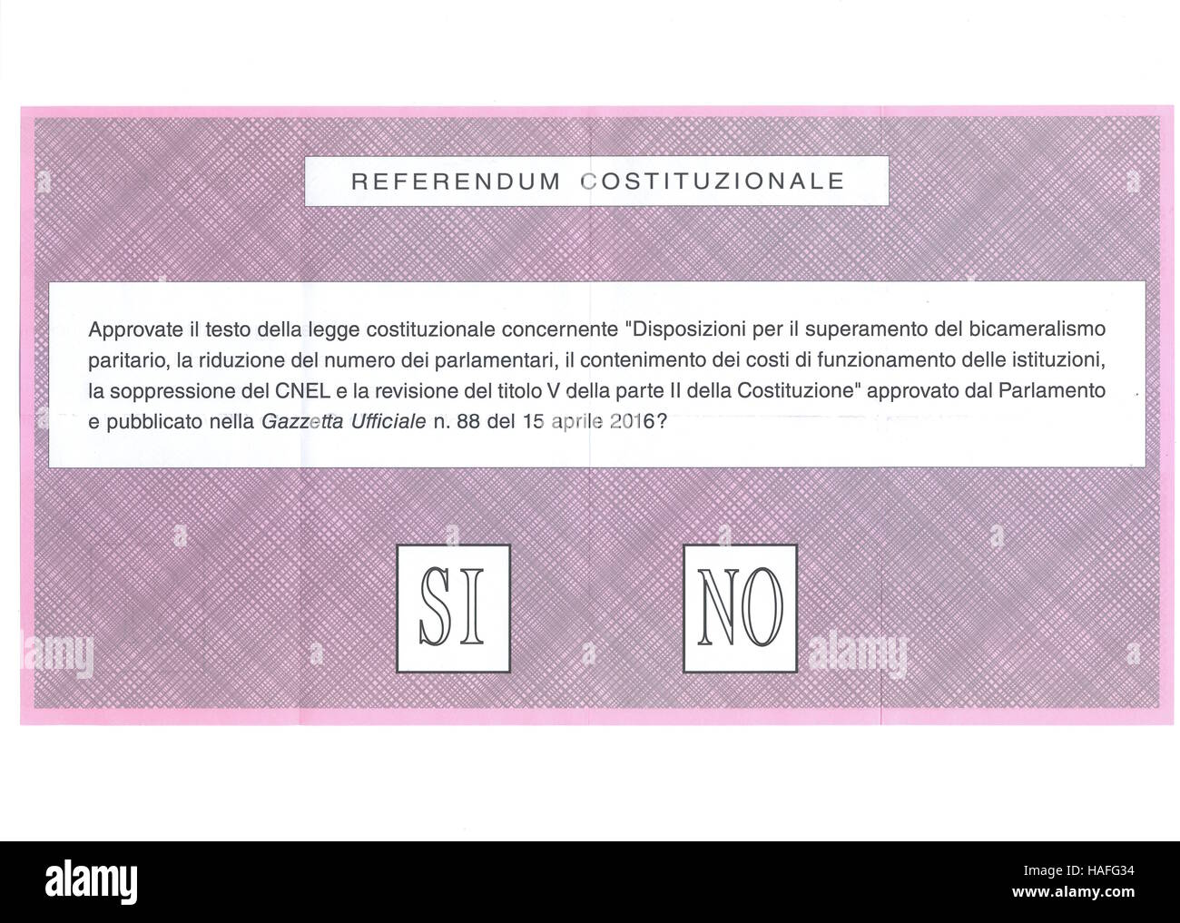 YES NO  ballot paper for Italian  Referendum, 4 December 2016 Stock Photo