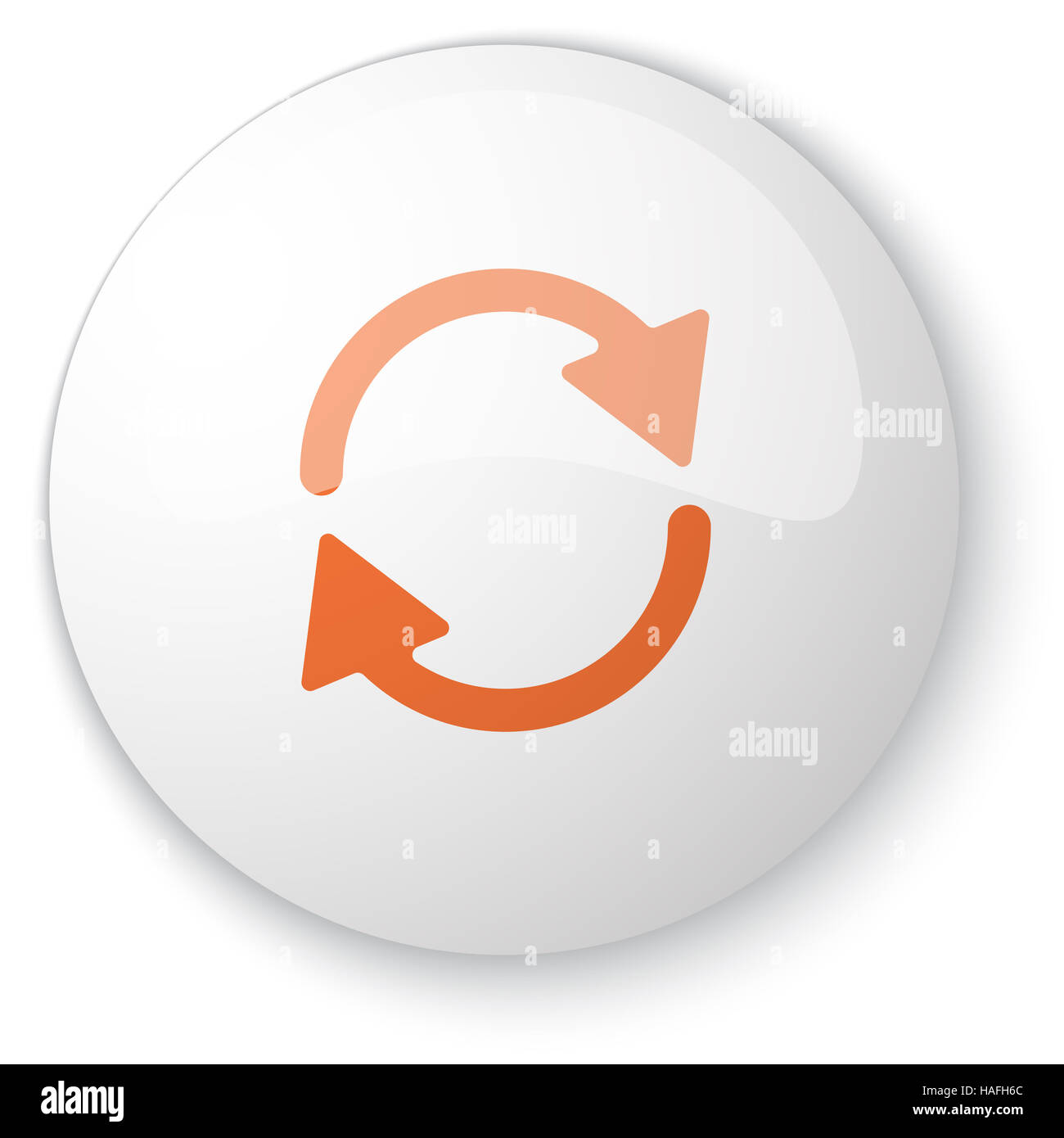 Glossy white web button with orange Refresh icon on white background Stock Photo