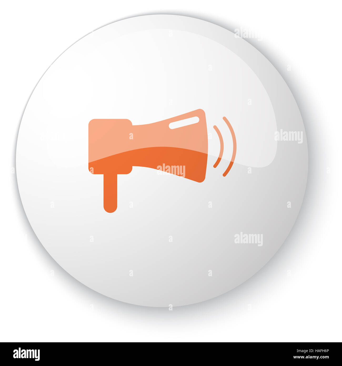 Glossy white web button with orange Megaphone icon on white background ...