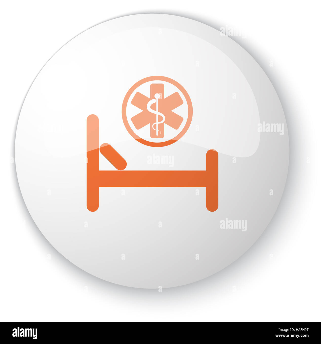 Glossy white web button with orange Hospital Bed icon on white background Stock Photo
