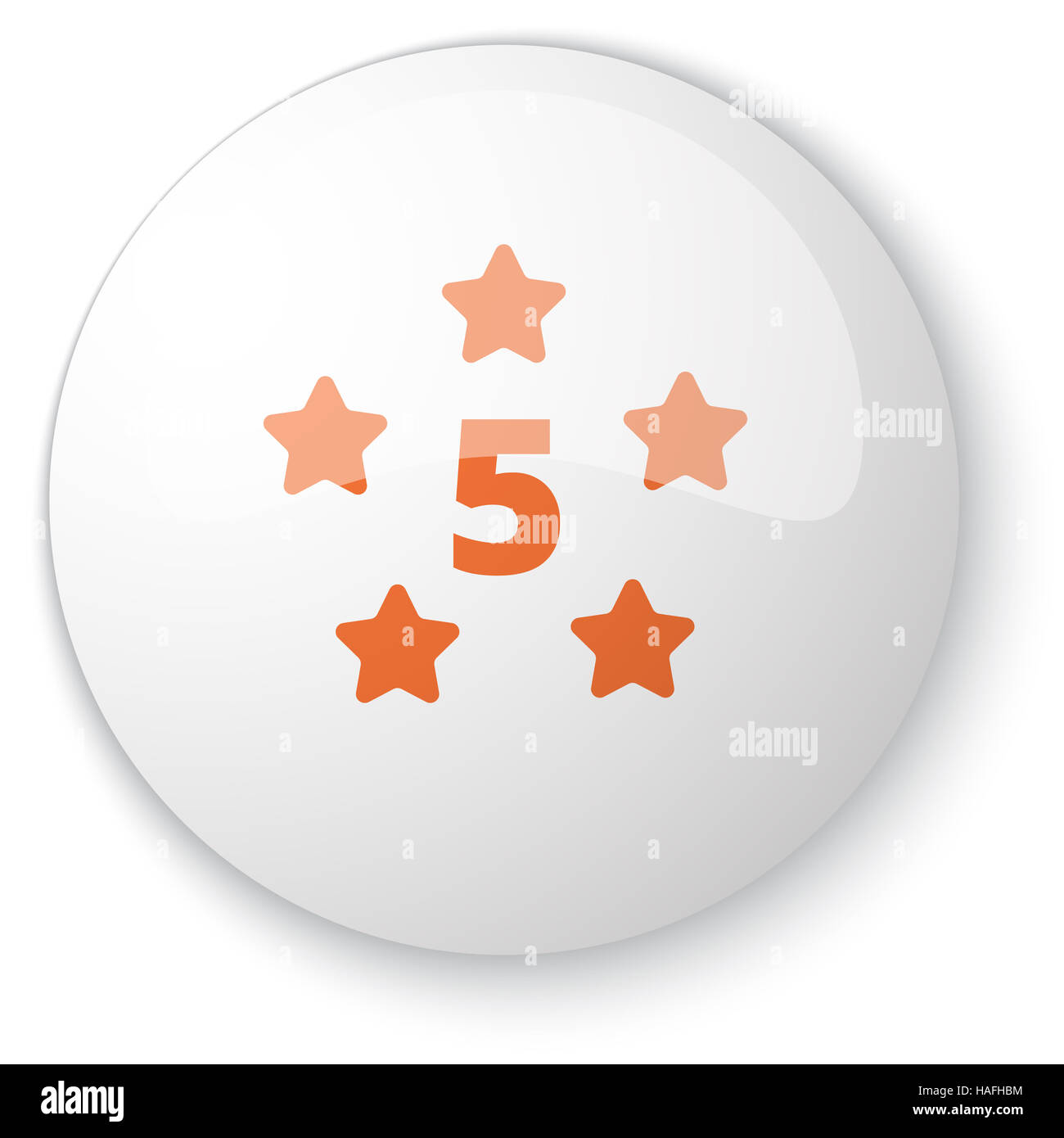 Glossy white web button with orange Five Star icon on white background ...