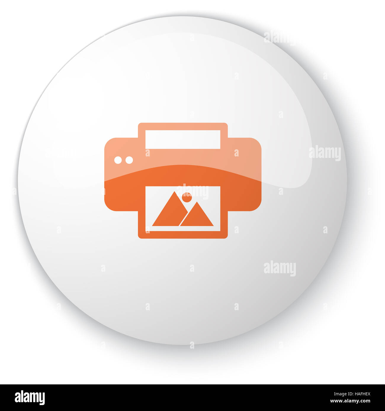 Glossy white web button with orange Photo Printing icon on white ...