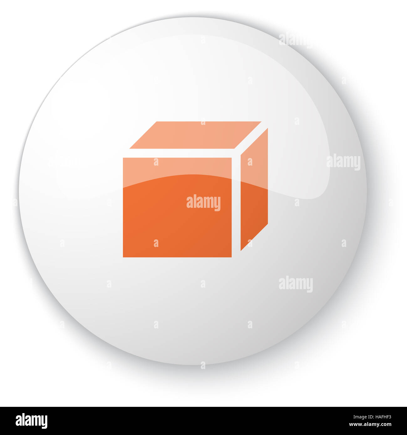 Glossy white web button with orange 3D Box icon on white background ...