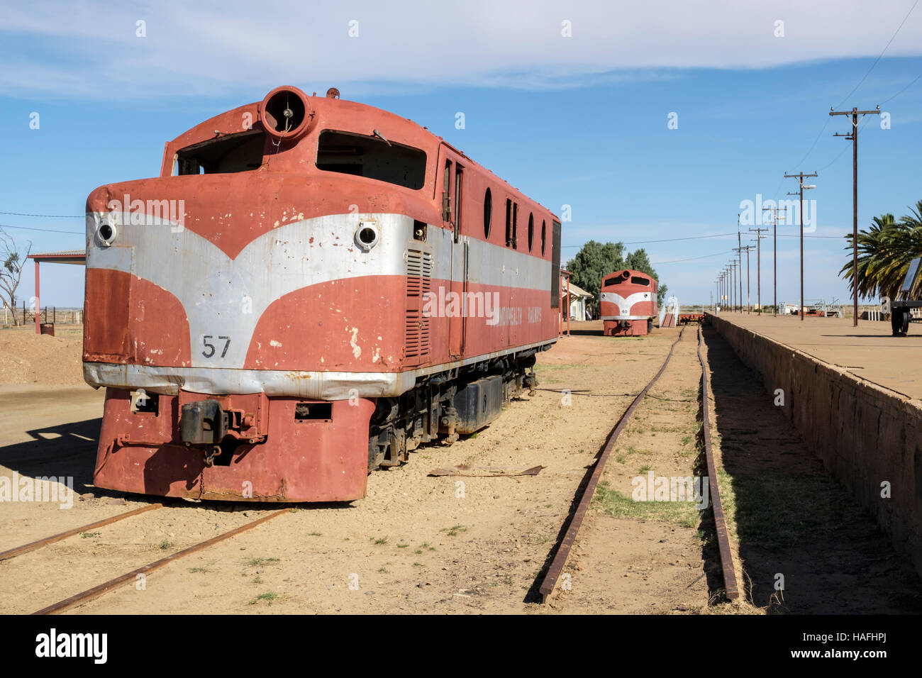 Old diesel locomotives at Marree railway station in the Australian Outback Stock Photo