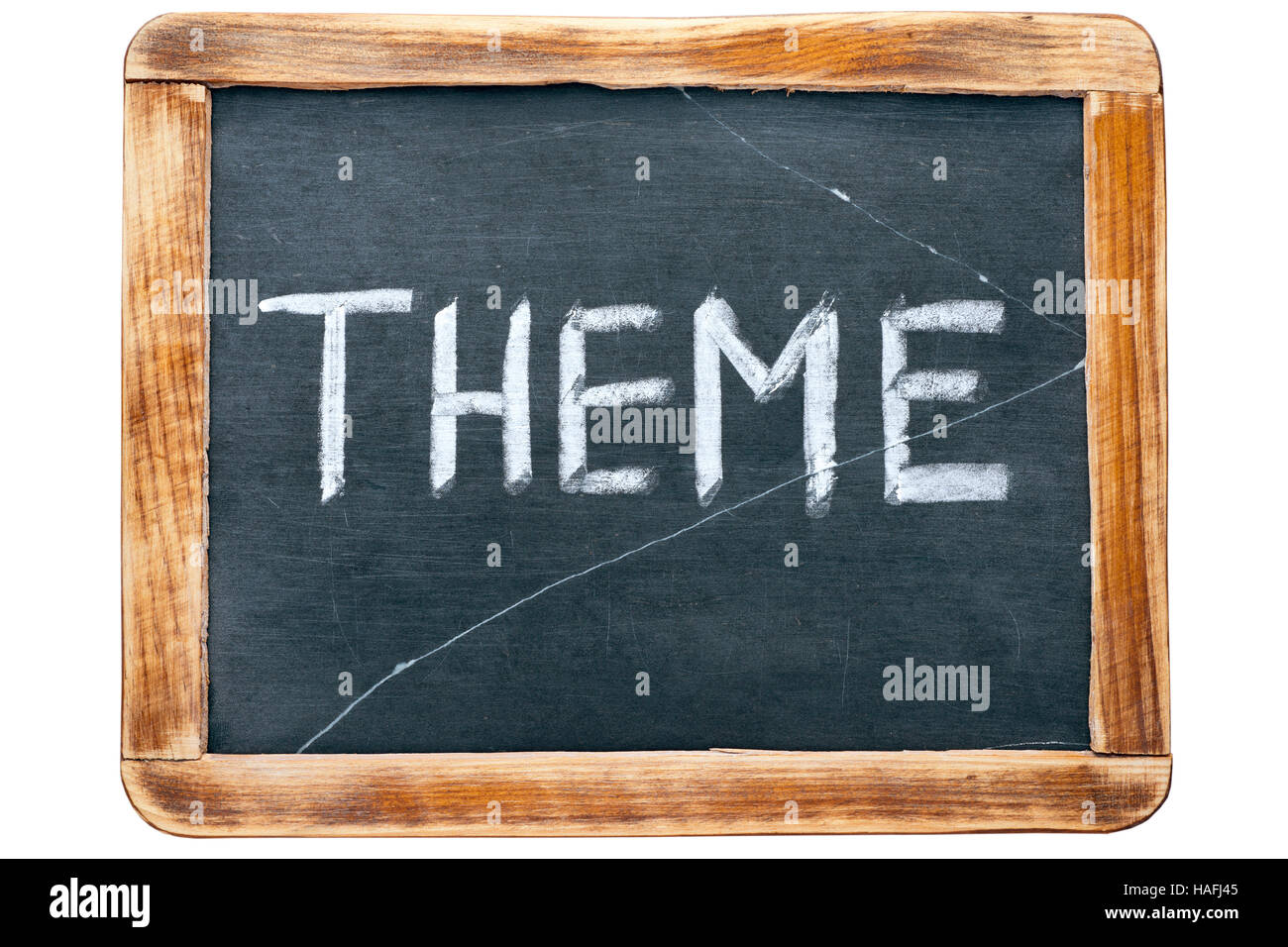 theme word handwritten on vintage school slate board Stock Photo