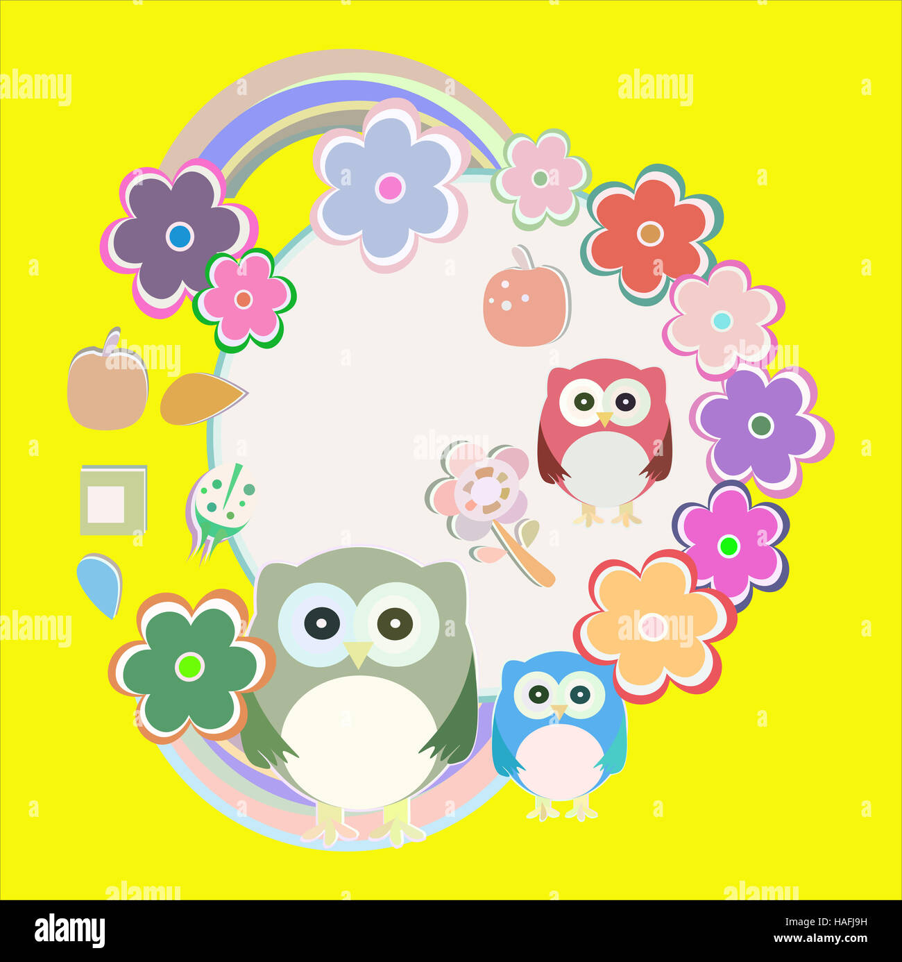 birthday party card with cute birds, owl family and flowers Stock Photo ...