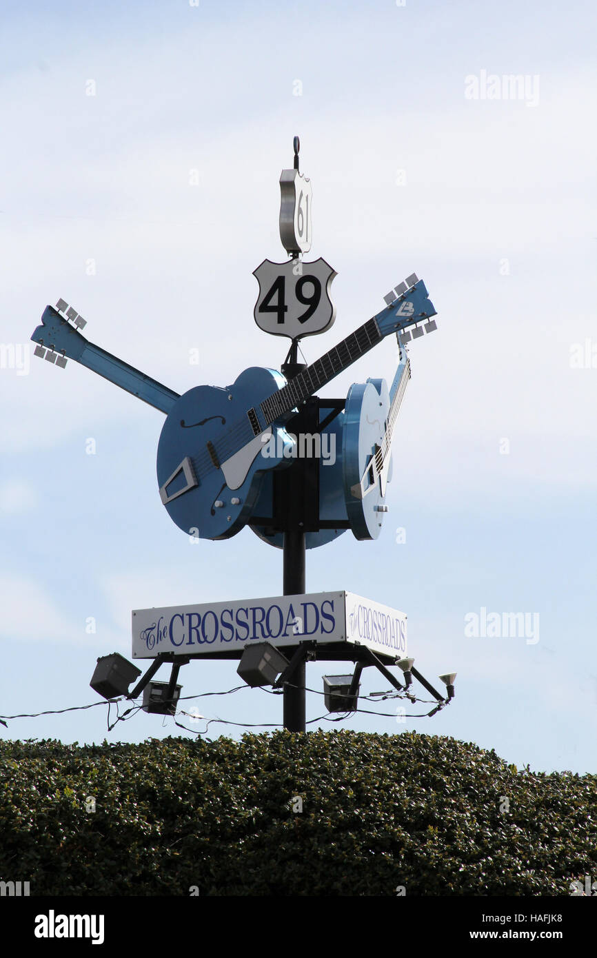 The Crossroads of route 49 and 61 in Clarksdale, Mississippi where blues great Robert Johnson was said to have sold his soul Stock Photo