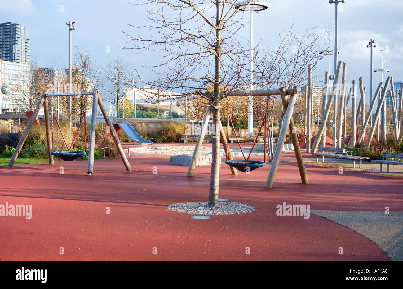 Empty children's playground in winter, Queen Elizabeth Olympic Park, Stratford, London, UK Stock Photo