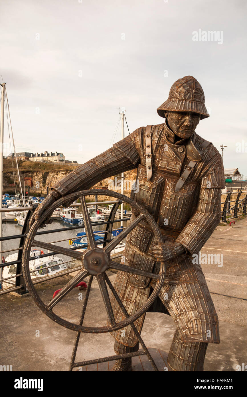 The Coxswain statue sculptured by South Hetton artist, Ray Lonsdale, and situated at the marina at Seaham,in north east England Stock Photo