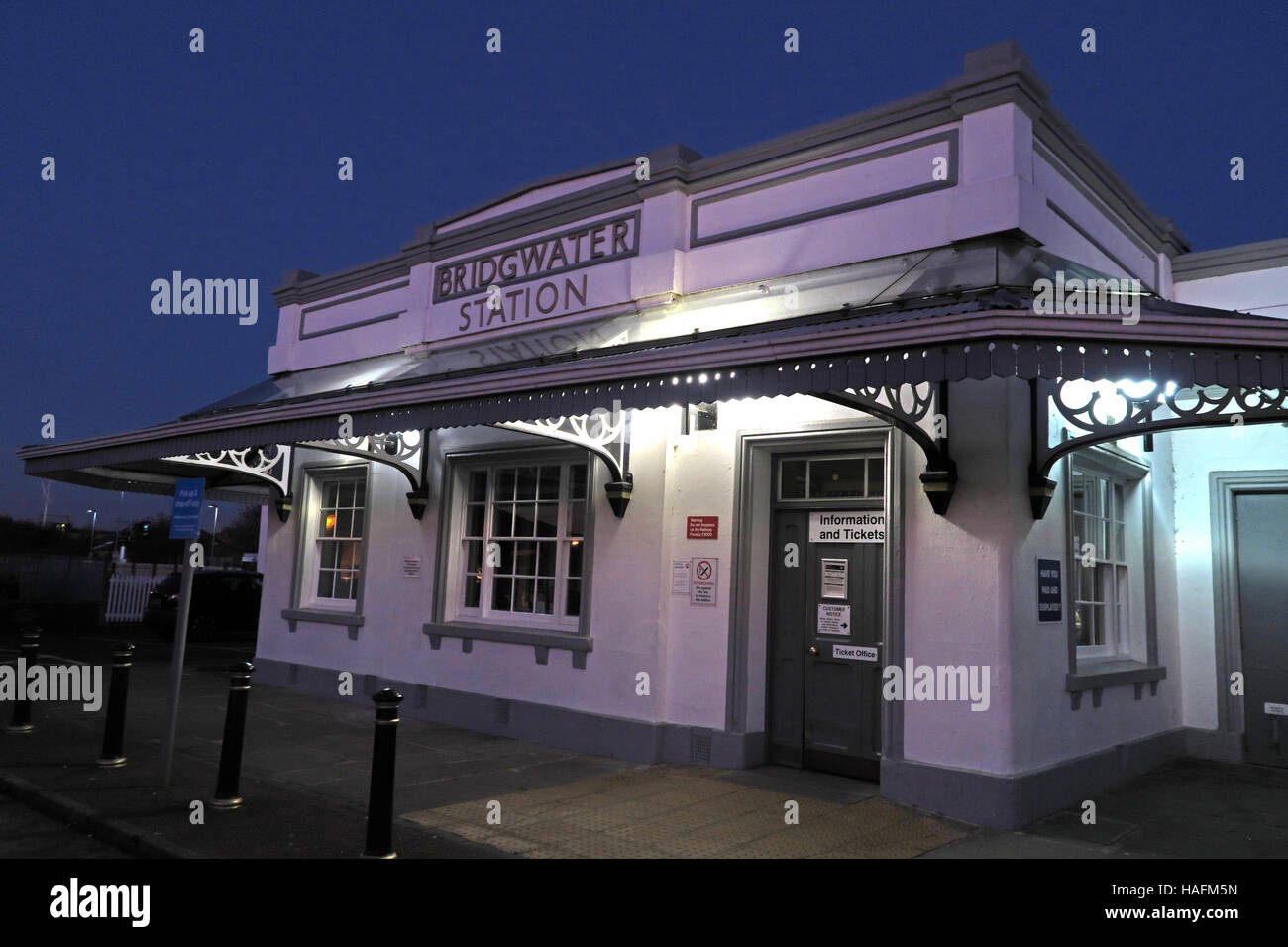 Bridgwater railway station at dusk,GWR,Somerset,SW England, UK Stock Photo