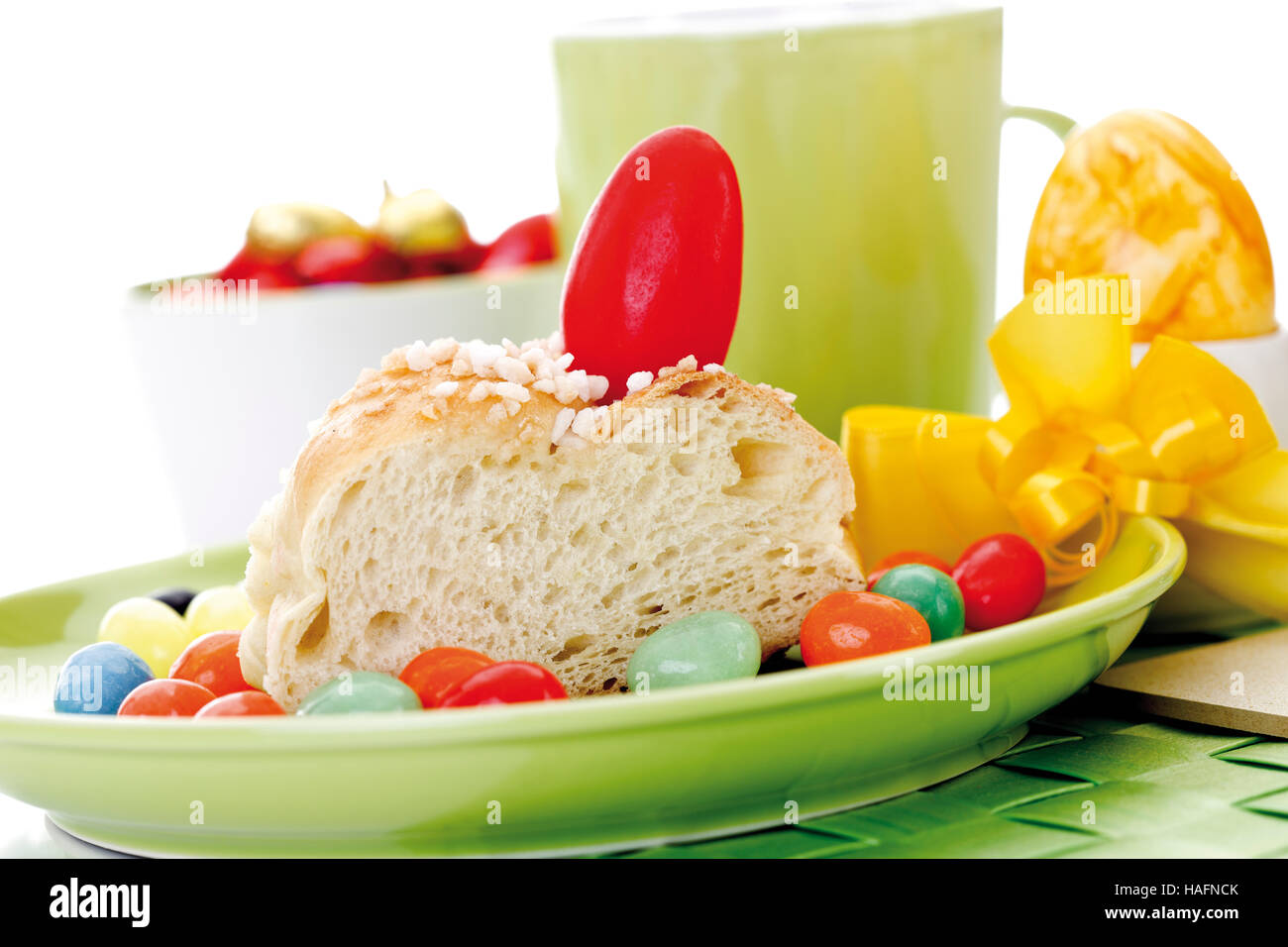 Easter table setting with Hefekranz, German pastry Stock Photo