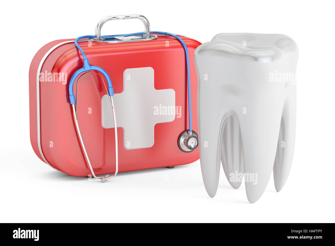 Tooth and First Aid Kit, dental first aid concept, 3D rendering