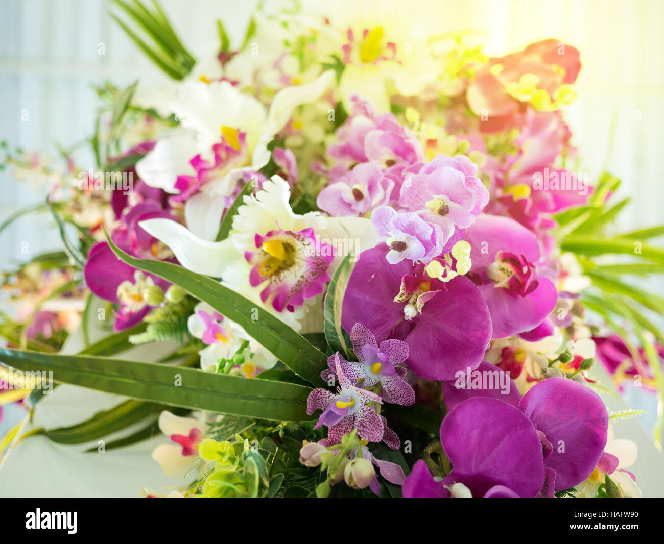 White and purple bouquet of flowers with sunlight Stock Photo
