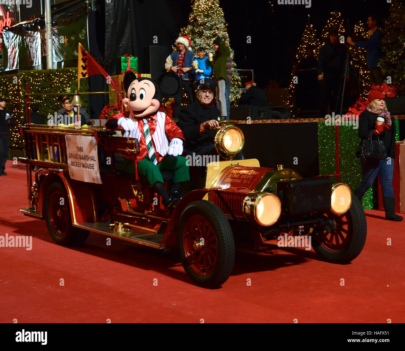 Mickey Mouse rides as a former Grand Marshal at the 85th Annual Hollywood Christmas Parade in Hollywood on Hollywood Boulevard on November 27, 2016. Stock Photo