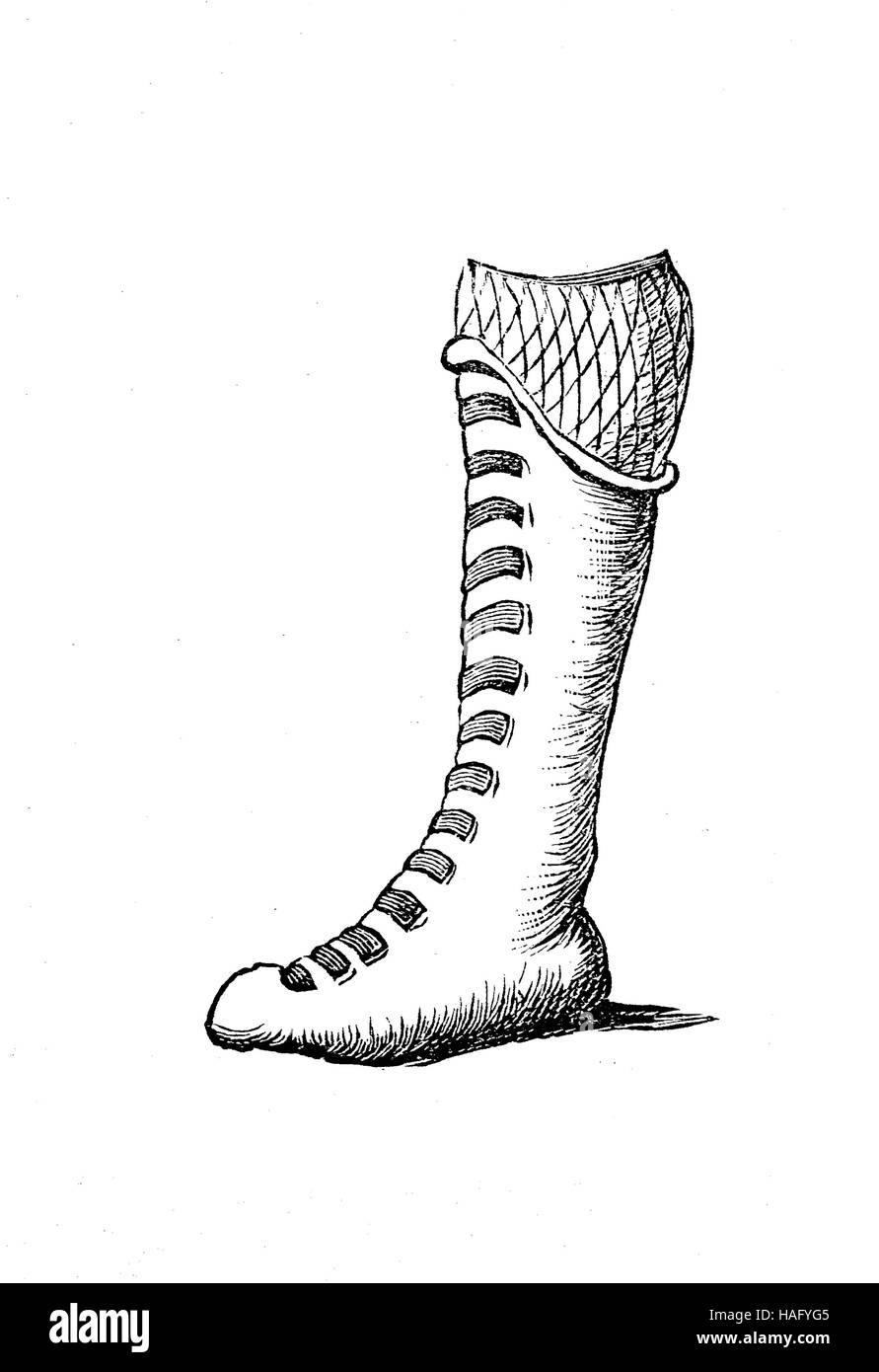 shoe fashion of the past, an Assyrian shoe, 25. century BC, woodcut from the year 1880 Stock Photo