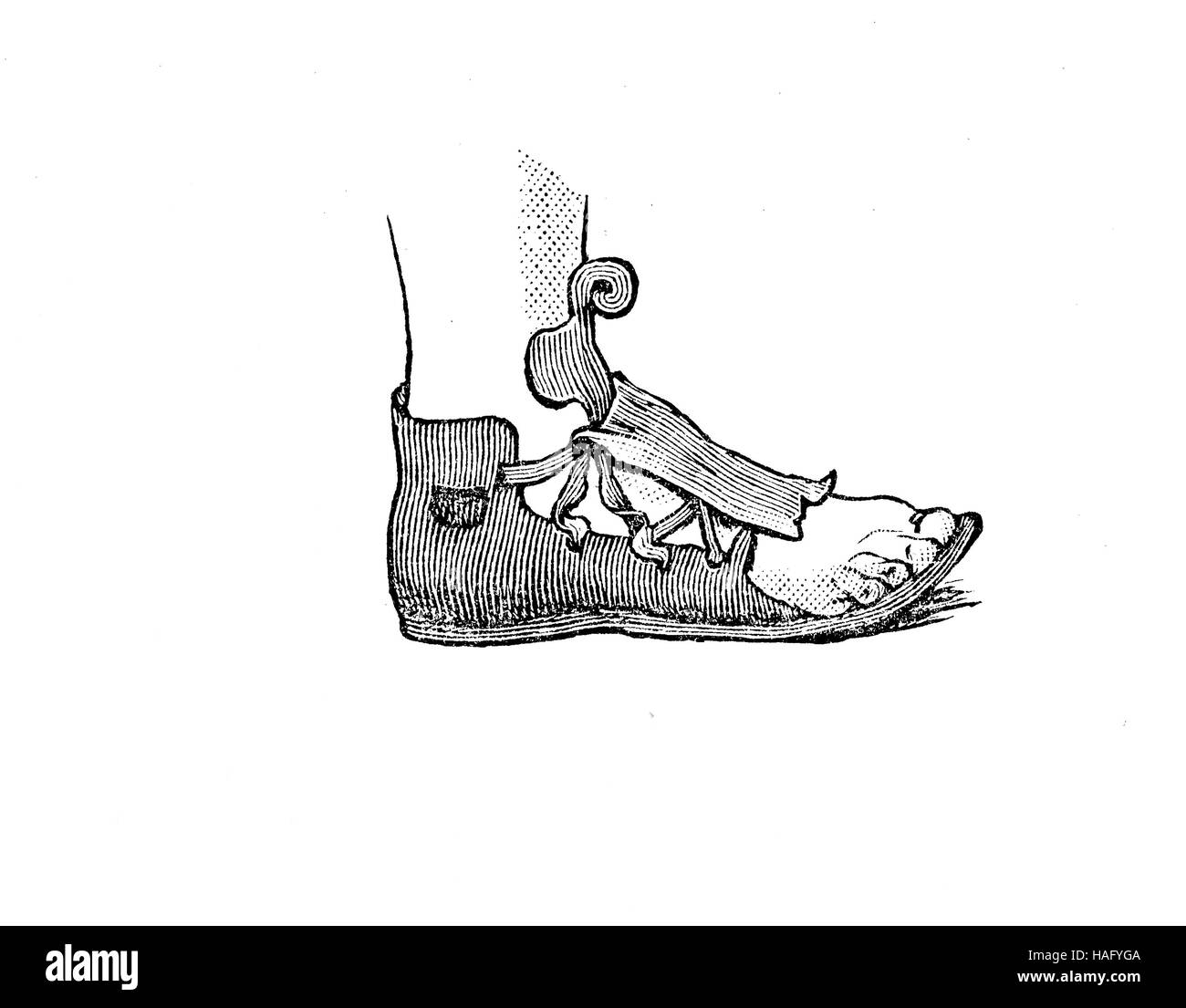 shoe fashion of the past, an ancient greek shoe, Greece, woodcut from the year 1880 Stock Photo