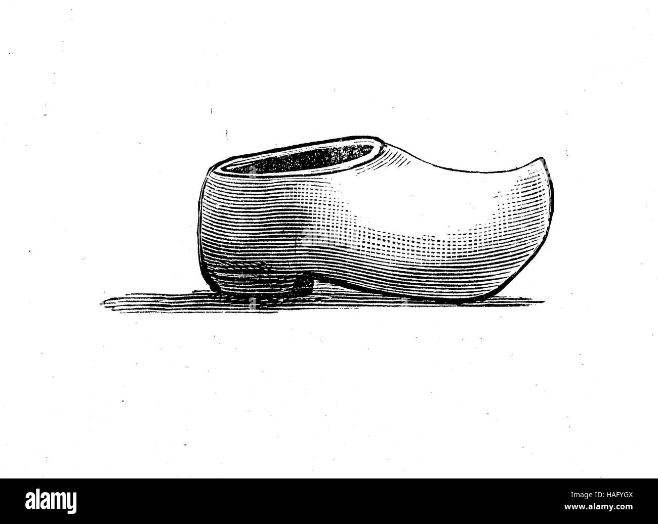 shoe fashion of the past, Clogs are a type of footwear made in part or completely from wood, woodcut from the year 1880 Stock Photo
