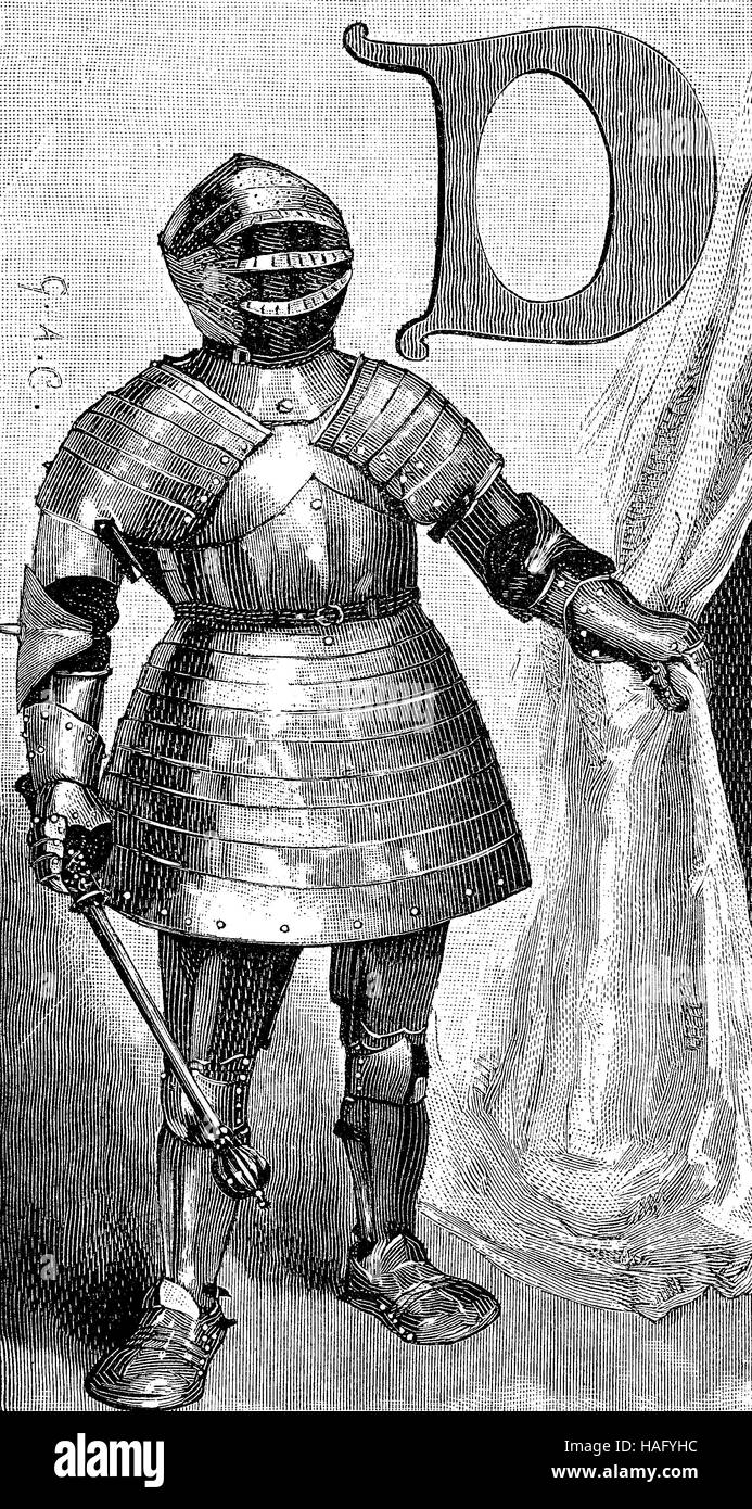 knights equipment, armor, at a foot tournament, middle of the 12th century, woodcut from the year 1880 Stock Photo