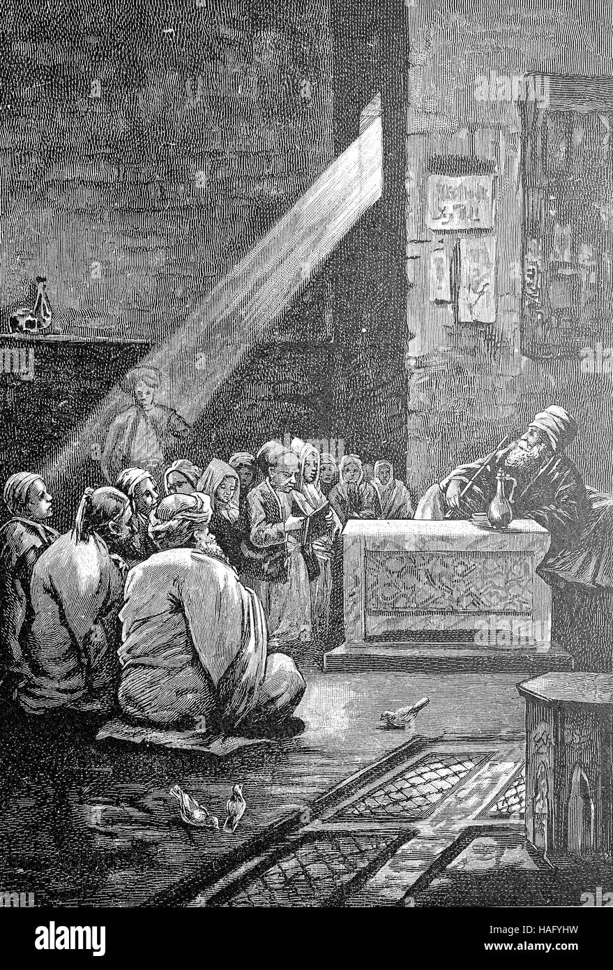 A school in Morocco, woodcut from the year 1880 Stock Photo