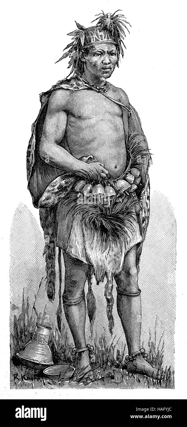 A shaman, a kind of medicine man, in central Africa, woodcut from the