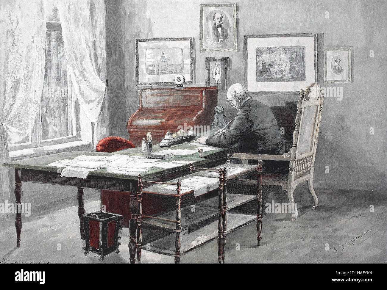 Otto Eduard Leopold, Prince of Bismarck, Duke of Lauenburg, 1 April 1815 - 30 July 1898, known as Otto von Bismarck, was a conservative Prussian statesman, here in his office in Berlin, Friedrichsruh, Germany, woodcut from the year 1880 Stock Photo