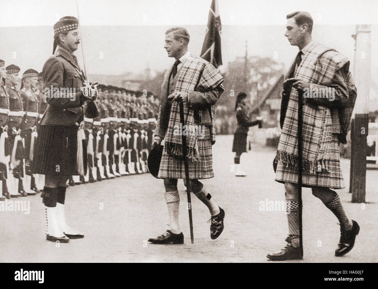 King Edward VIII, middle of picture, and his brother the Duke of York future King George VI at Balmoral in 1936.  Edward VIII, 1894 – 1972.  King of the United Kingdom and the Dominions of the British Empire, and Emperor of India, from 20 January 1936 until his abdication on 11 December the same year.  Duke of York future George VI, 1895 – 1952.  King of the United Kingdom and the Dominions of the British Commonwealth. Stock Photo