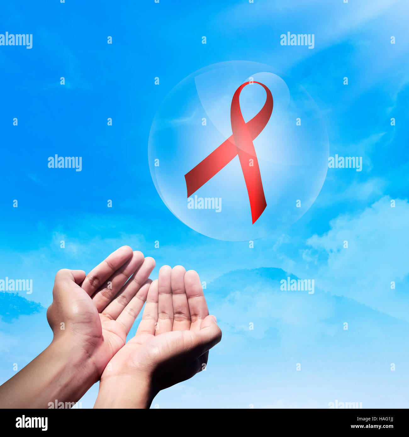 Hand Red Ribbons Human hand show red ribbon with blue sky background Stock Photo - Alamy