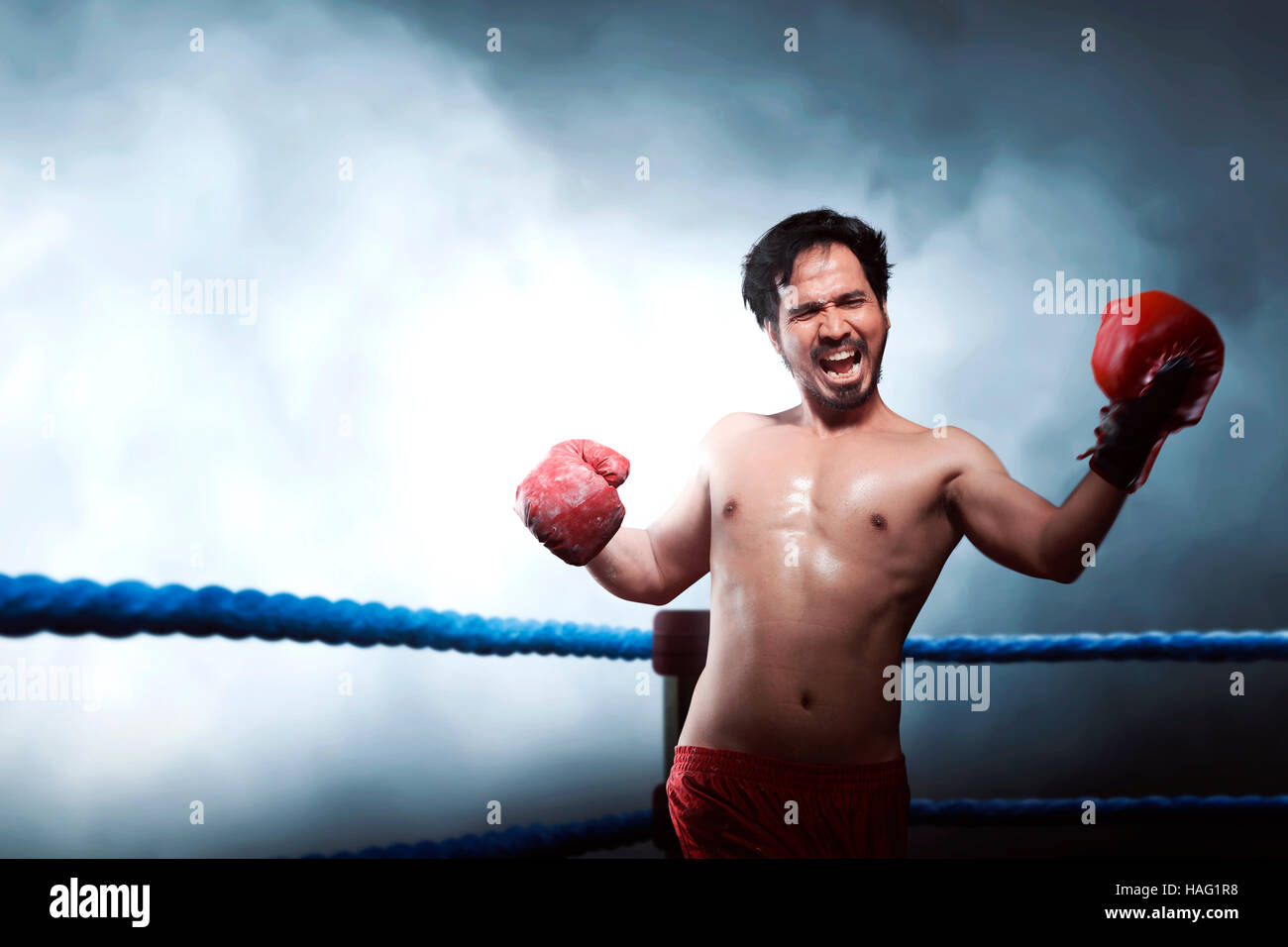 Athlete male asian boxer performing uppercut in the boxing ring Stock