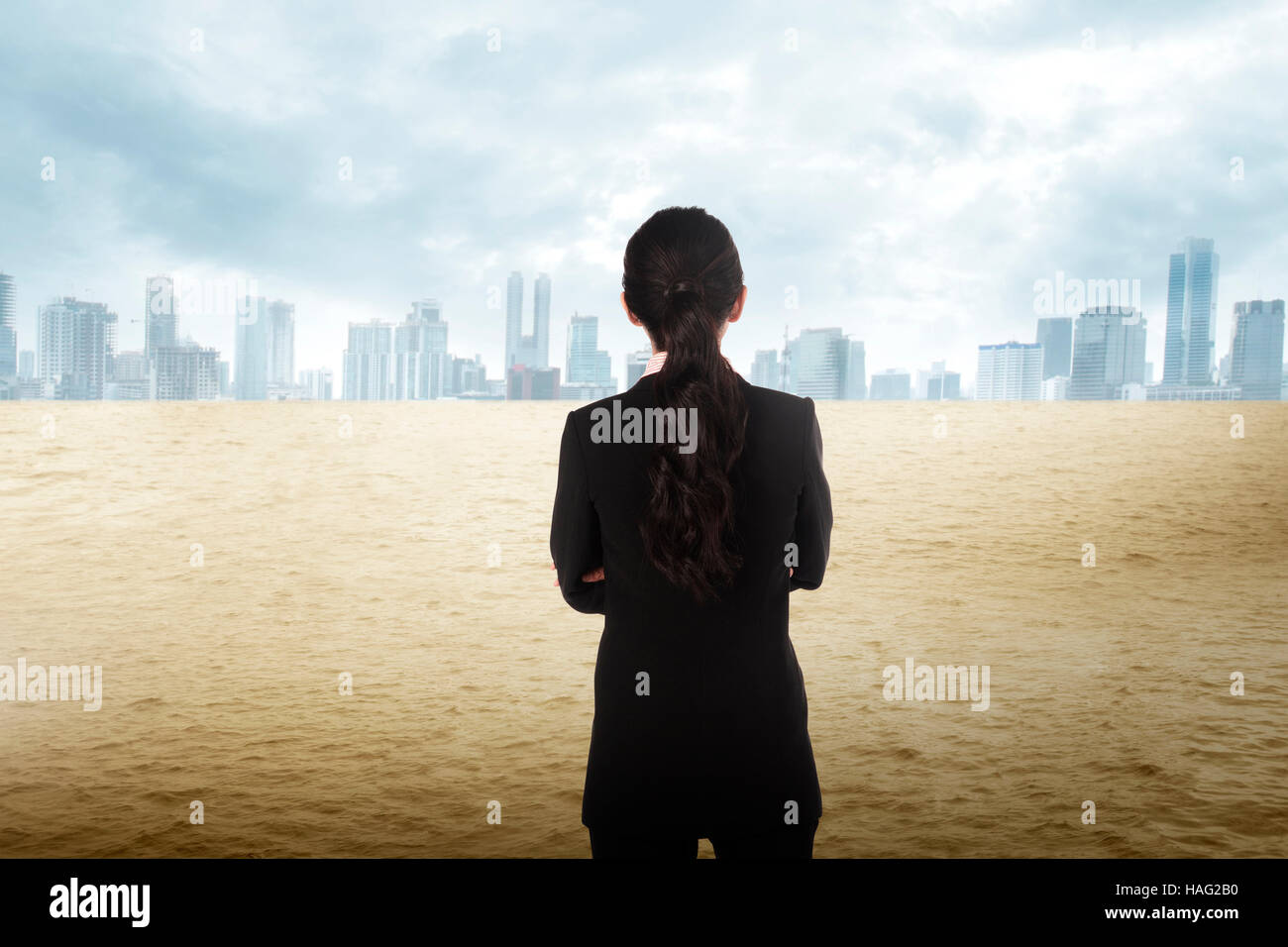 Asian business woman looking the city on the desert. Business vision ...