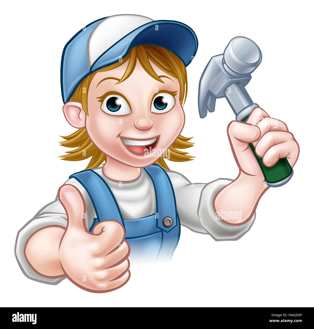 A female carpenter handyman woman cartoon character holding a hammer