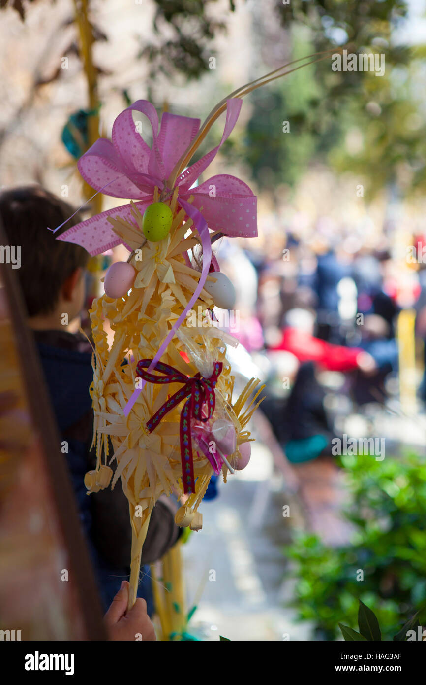 Palm Sunday, traditonal Easter celebrations in Placa d'Octavia, beside  Monestir  Sant Cugat del Valles, Barcelona Stock Photo