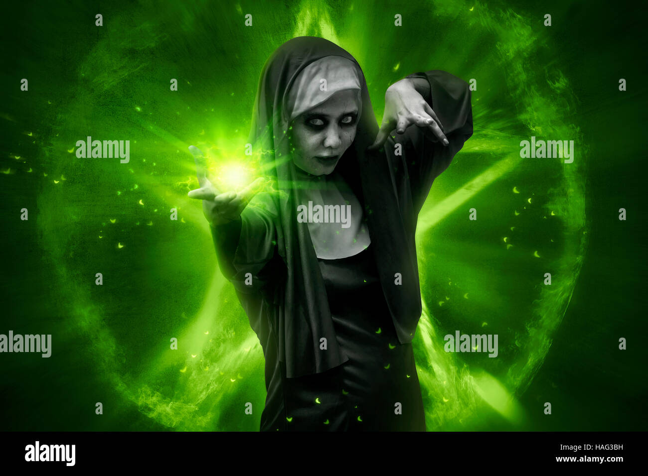 Scary Asian Nun Casting Spell Halloween Concept Image Stock Photo Alamy
