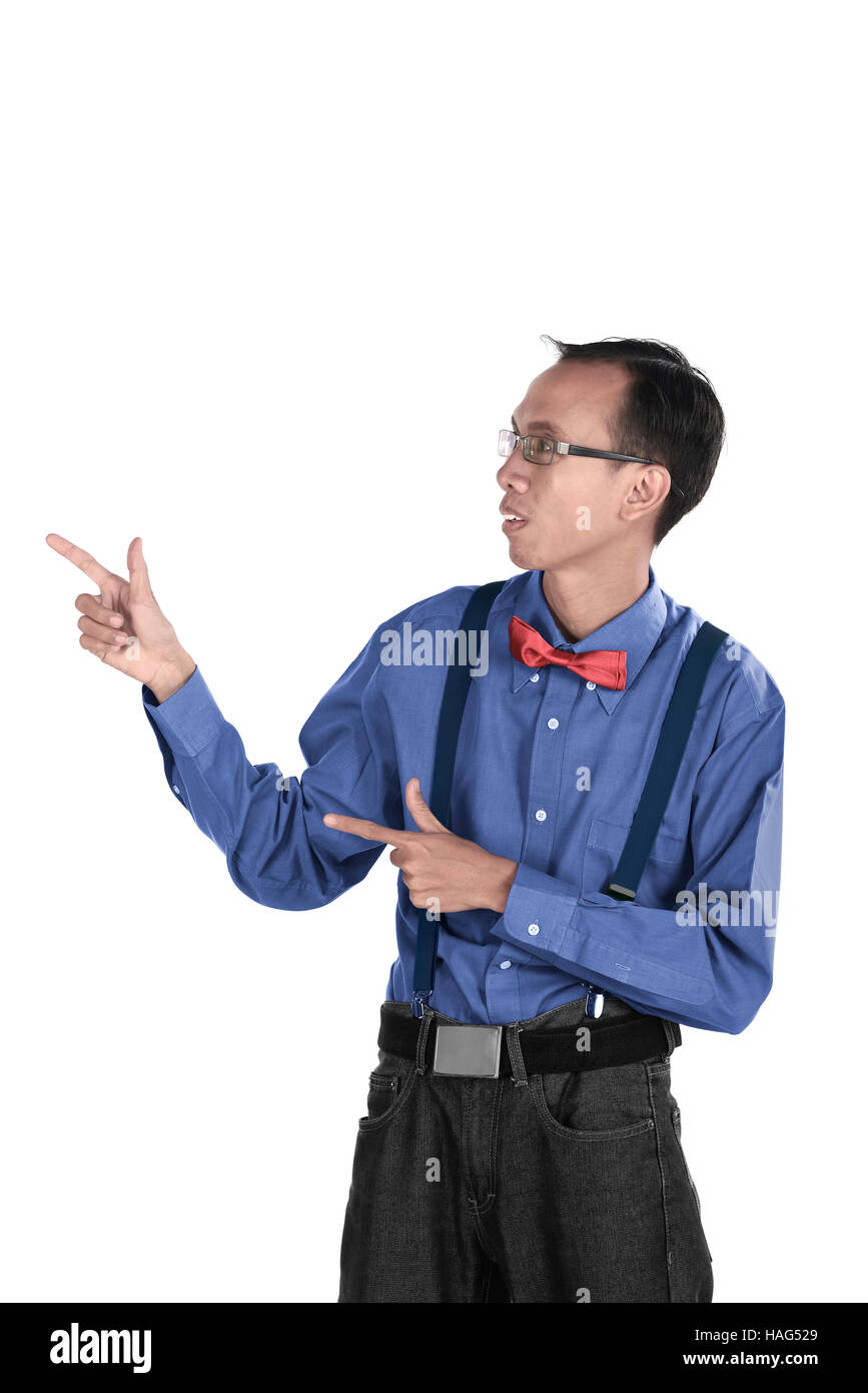 Funny guy pointing something isolated over white background Stock Photo