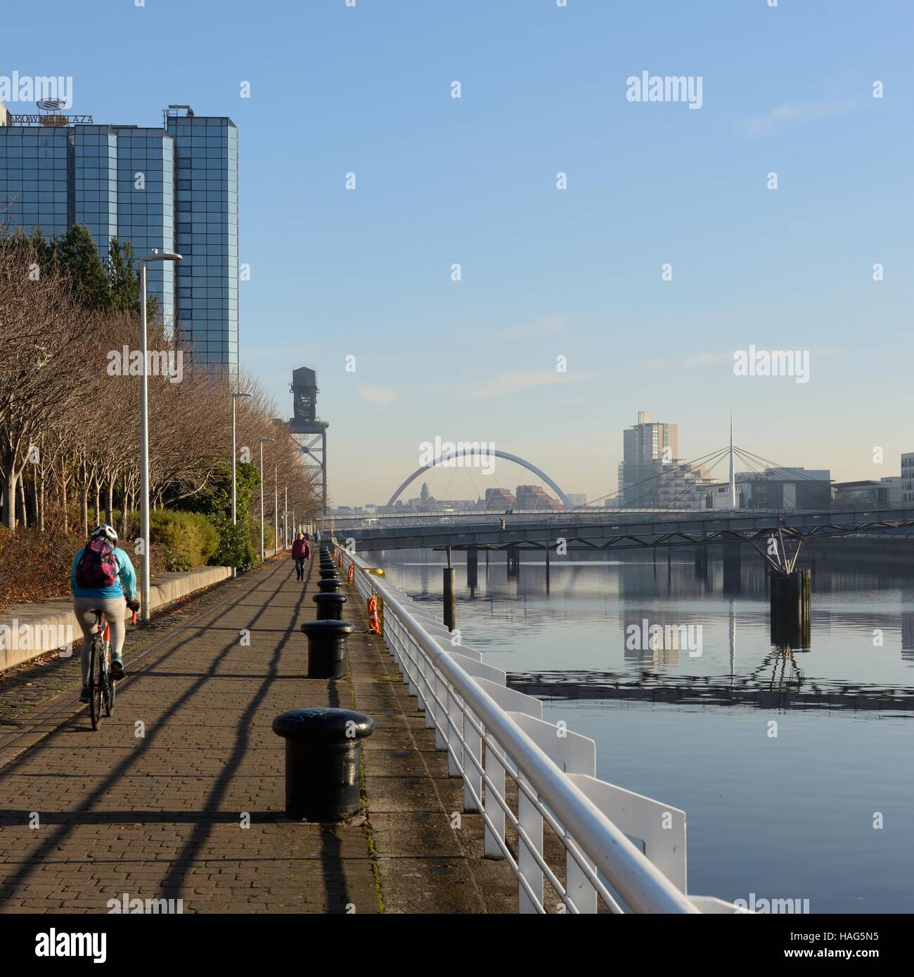 Looking towards Glasgow city centre on the river Clyde walkway