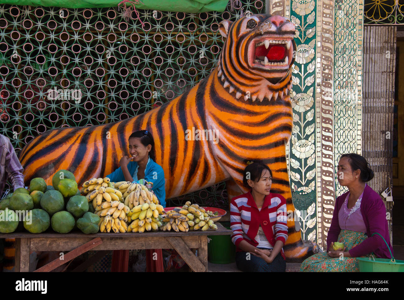 A food market near a temple at Mount Popa in Myanmar (Burma). Stock Photo