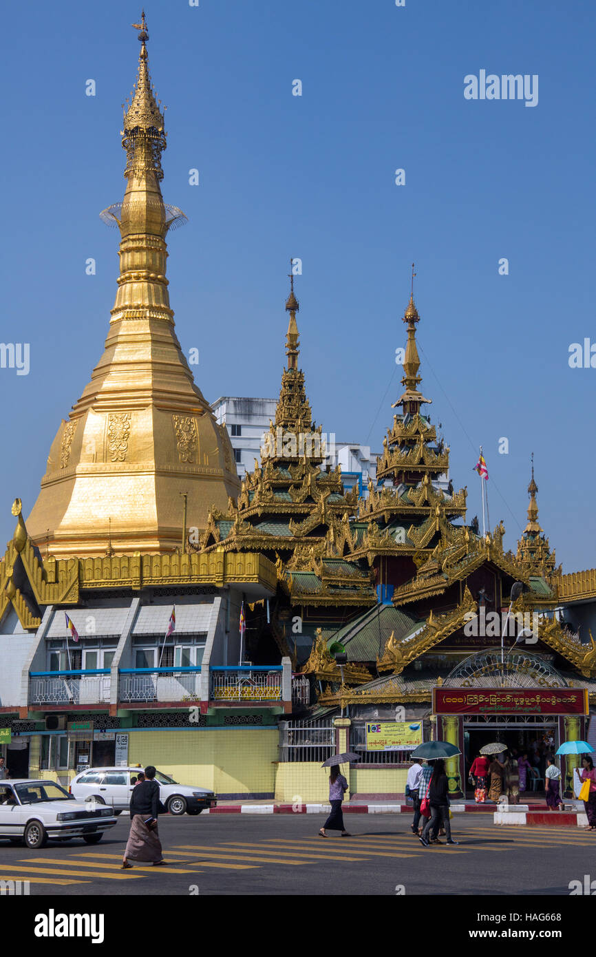 The Sule Pagoda is a Burmese stupa located in the heart of downtown Yangon (Rangoon), in Myanmar (Burma). Stock Photo