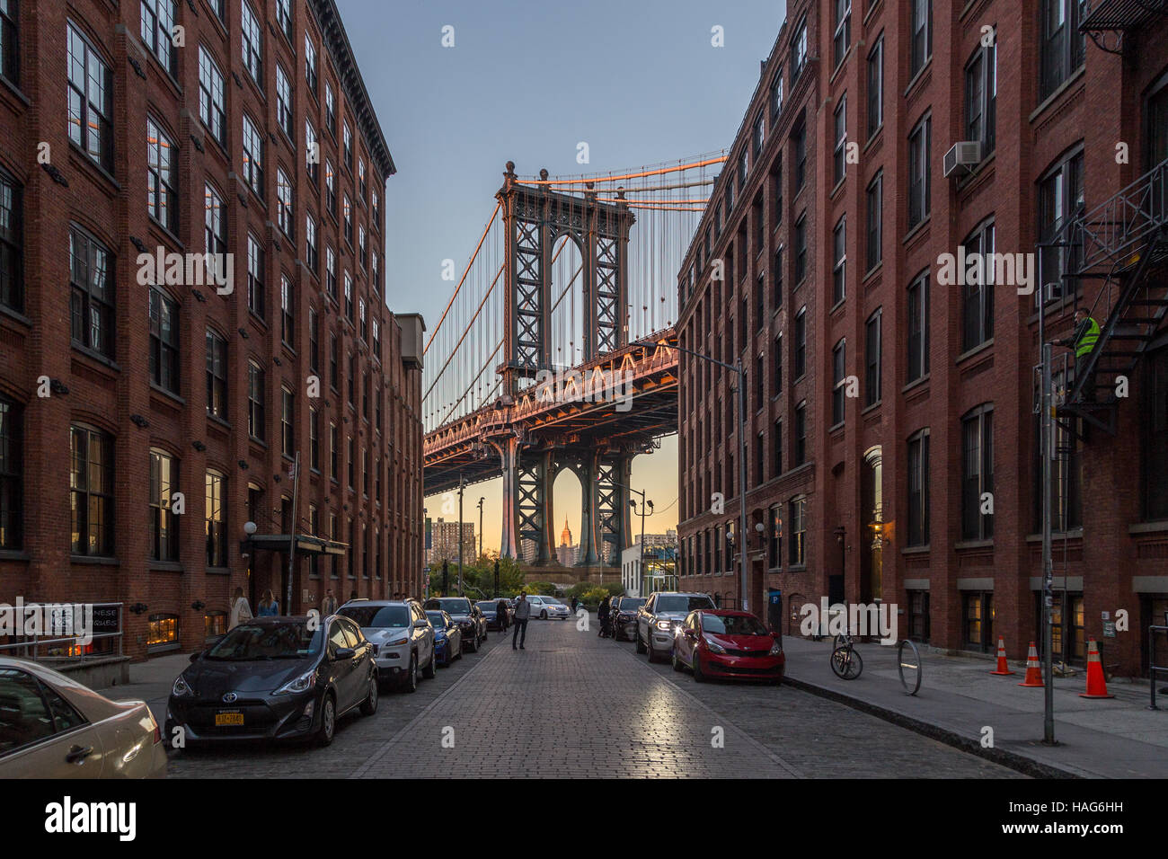 New York, United States of America - November 18, 2016: Pillar of Manhattan Bridge as seen from an alley in Dumbo district in Brooklyn Stock Photo
