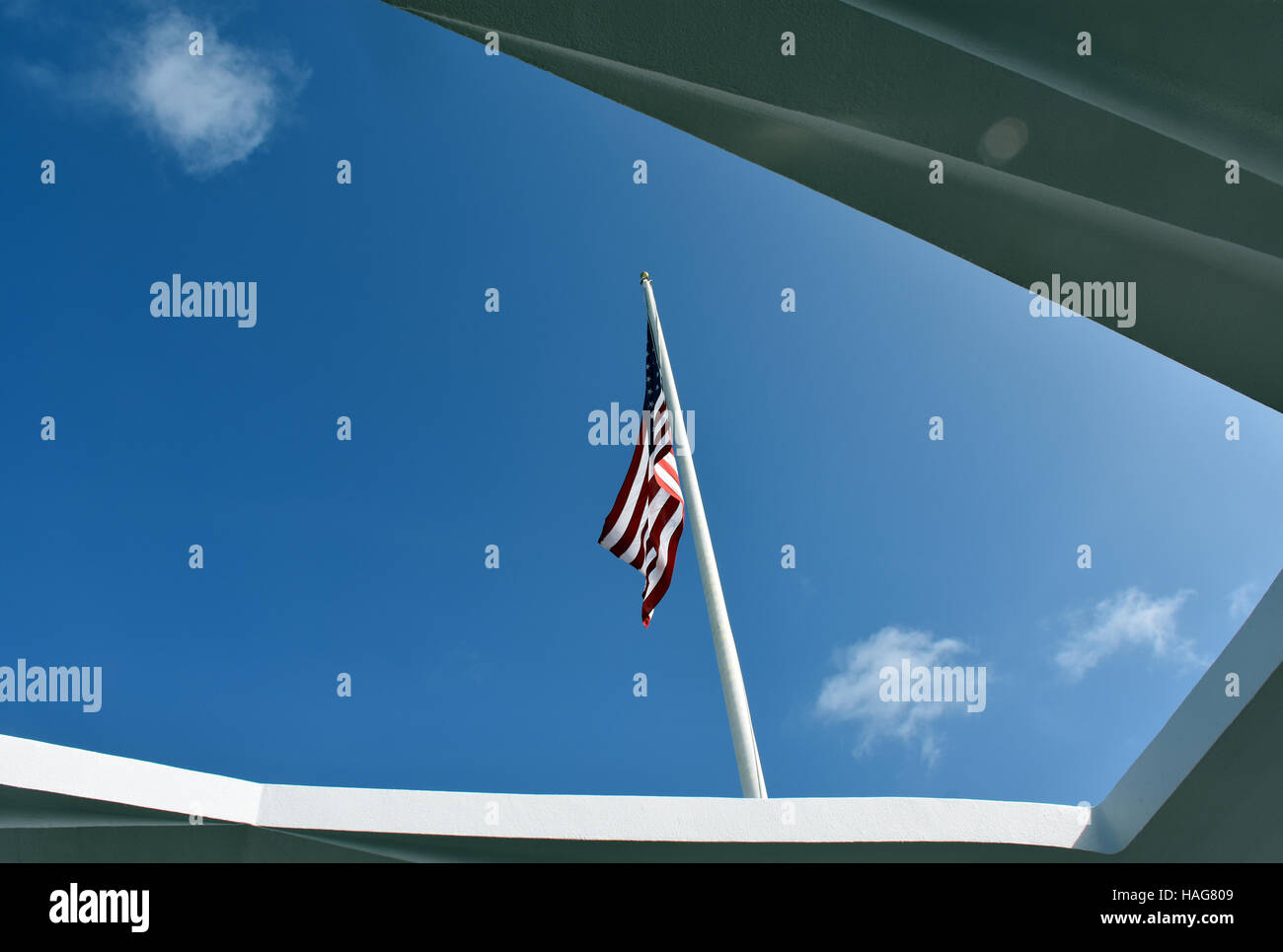 FILE - A file picture dated 23 April 2015 shows a US flag flying over the memorial to the USS Arizona at Pearl Harbour, Hawaii, USA. The ship was sunk when Japan attacked the harbour on 07 December 1941, destroying part of the US Pacific Fleet. Photo: Chris Melzer/dpa Stock Photo