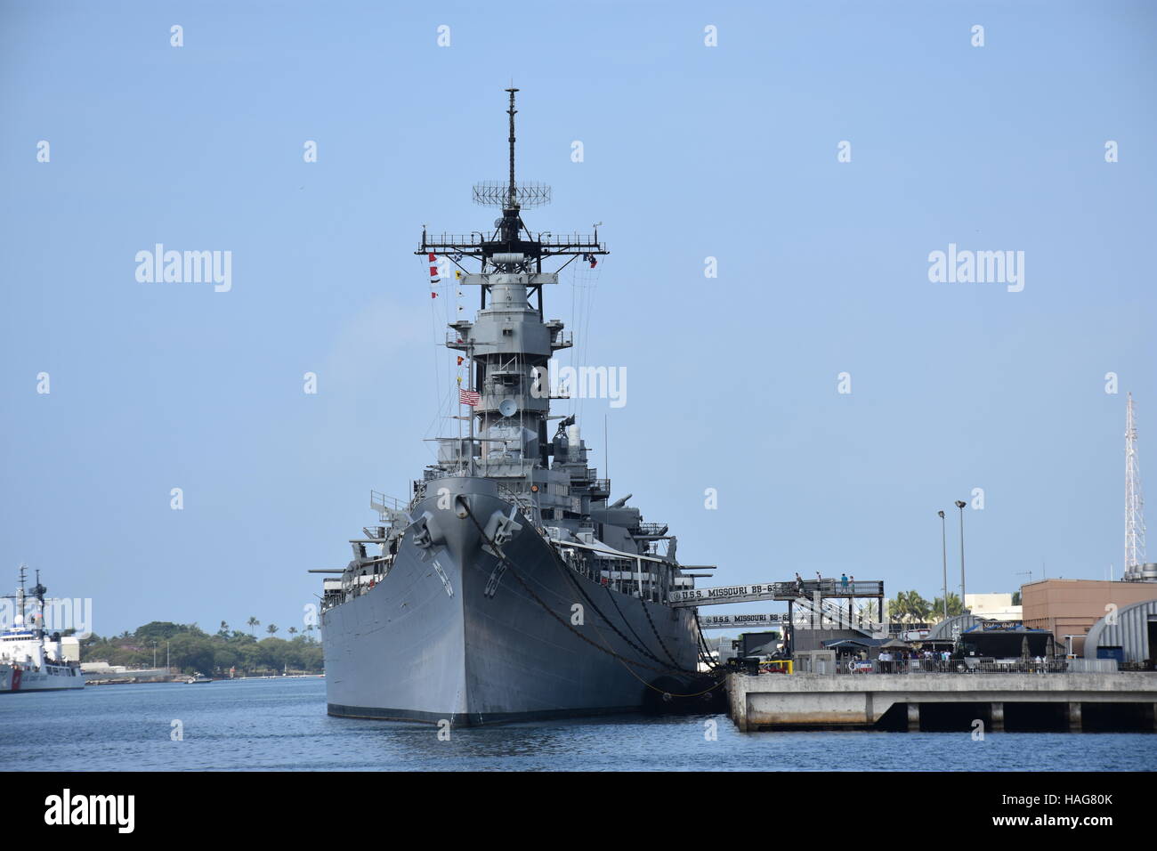 FILE - A file picture dated 23 April 2015 shows the USS Missouri at the Pearl Harbour naval base, Hawaii, USA. On 2 September 1944, Japan signed an undonditional surrender on the warship, which went into service in 1944. Japan attacked the Pearl Harbour on 07 December 1941, destroying part of the US Pacific Fleet. Photo: Chris Melzer/dpa Stock Photo
