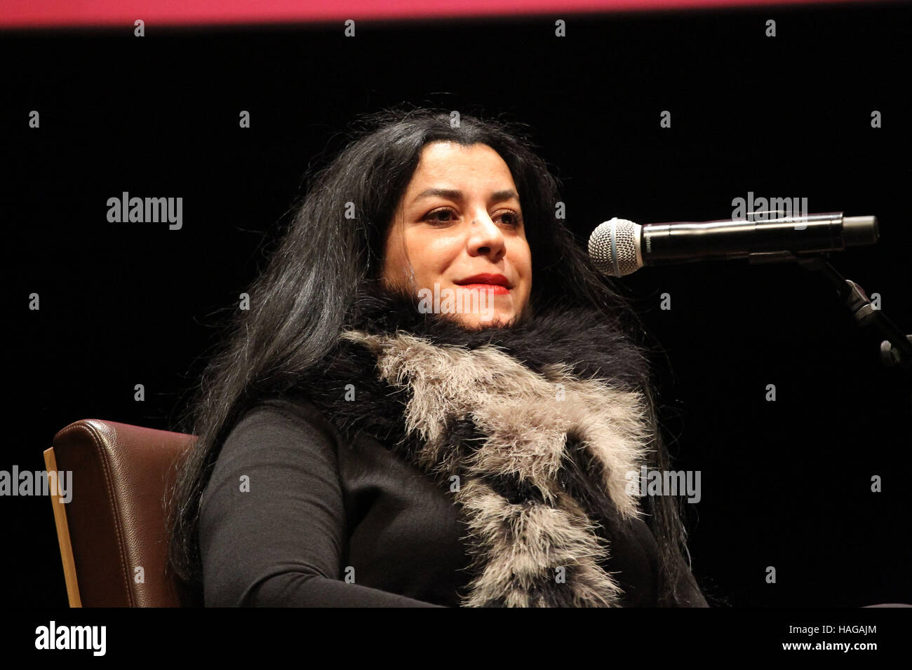 Athens, Greece. 30th Nov, 2016. Marjane Satrapi for a conversation with the Greek audience at Onassis Cultural Centre. Marjane Satrapi became an international sensation when she published her memories of childhood and adolescence as a comic book, which has now been translated into over forty languages. Persepolis tells the story of a super-bright girl growing up in Iran in the 1970s as the Islamic Revolution and the Iran-Iraq war impact on the life of her family and turn her world upside down. © ZUMA Press, Inc./Alamy Live News Stock Photo