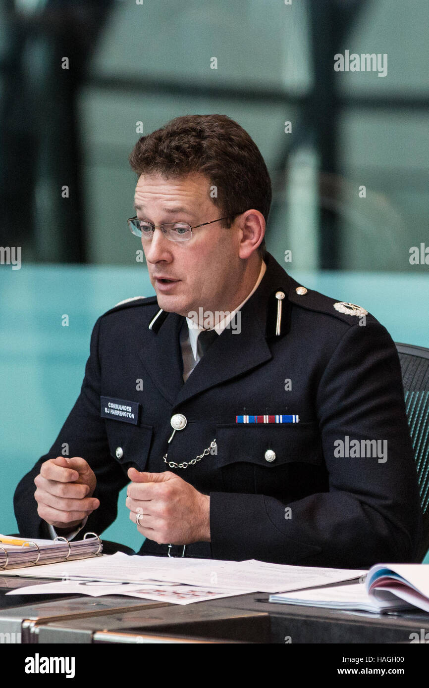 London, UK. 1st December, 2016. Commander BJ Harrington of the Metropolitan  Police Service answers questions before the Police and Crime Committee in  the Chamber at City Hall regarding policing and security arrangements